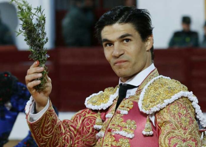 El sevillano Pablo Aguado, en la vuelta al ruedo tras cortar la oreja del cuarto hoy viernes en Olivenza.