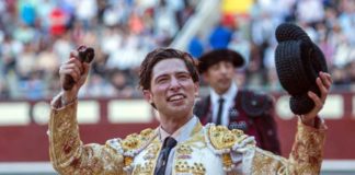 El novillero Ángel Jiménez, con la oreja cortada hoy en Madrid.